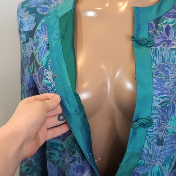 Vintage 80s Asian Blazer Jacket Satin Floral Frog Button Mandarin Collar Teal - Picture 8 of 10